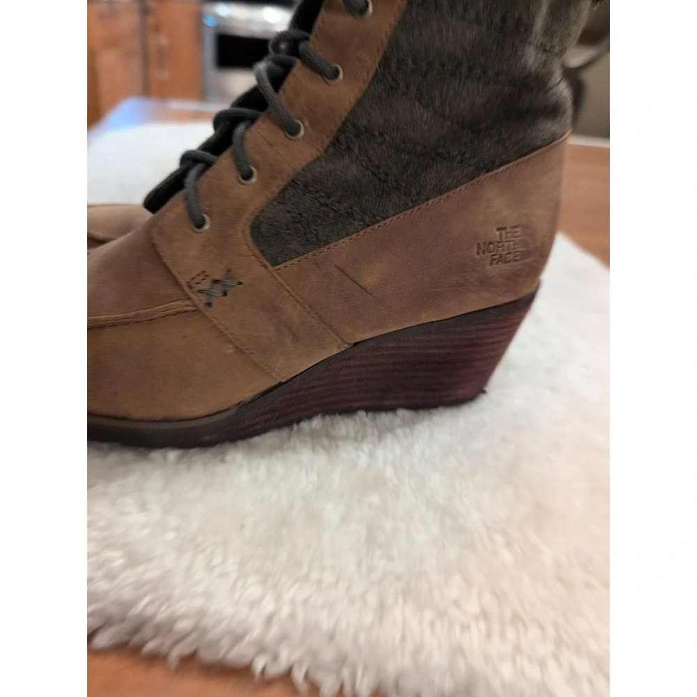 The North Face Bridgeton Wedge Boots Brown Leather Gray Fabric Women's Sz 9M GUC